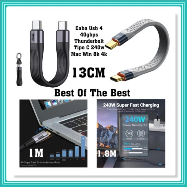 Cabo Dual Usb-c 4.0 Thunderbolt 3, 240W 40gbps 8k 60hz 13cm,1M,1.8M