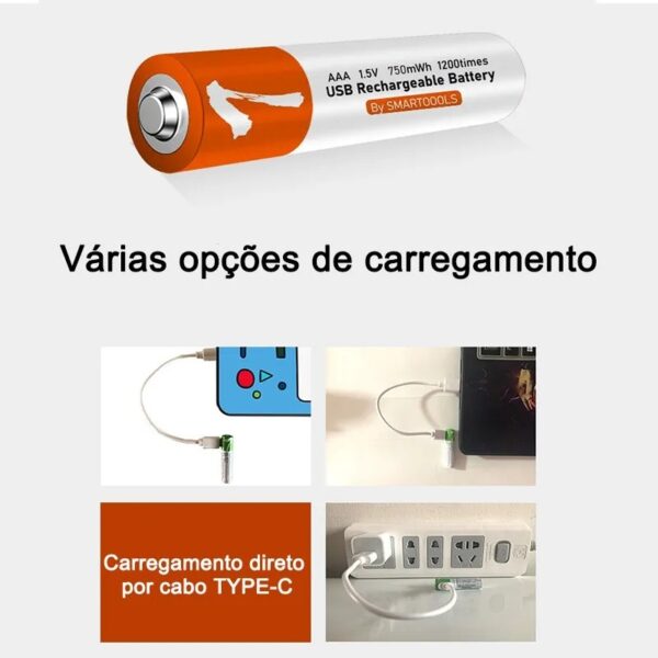 Baterias Li-tio Kit De 4X AA 2600mAh USB 1.5v Recarregável Usb-C - Image 2