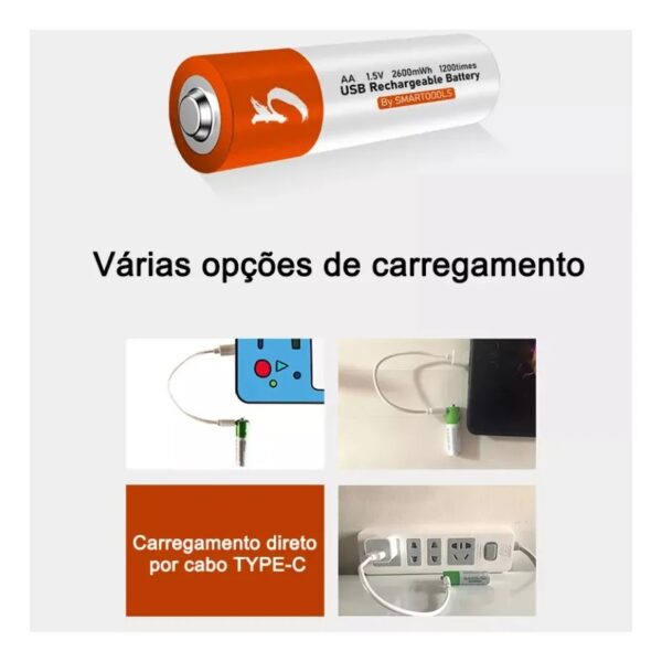 Kit 4 Pc Bateria Li-tio Aa 1.5v 2600mwh Recarregável Usb-c - Image 5