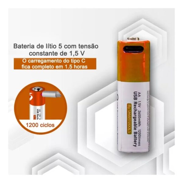 Kit 4 Pc Bateria Li-tio Aa 1.5v 2600mwh Recarregável Usb-c - Image 6