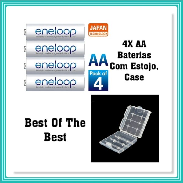 4X Pilhas Recarregáveis AA NiMH Panasonic Eneloop Com Estojo, Case