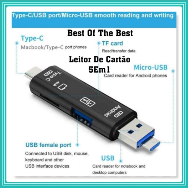 Adaptador Otg Tipo-c Usb 5 Em 1 Microsd Sd Leitor De Cartão Para Celular Tablet Notebook Pc