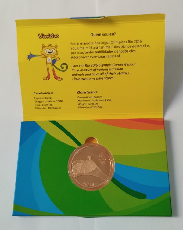 JOGOS OLIMPICOS RIO 2016 MEDALHA DO MASCOTE VINICIUS EM BRONZE EM CASULO E ESTOJO ORIGINAL DA CASA DA MOEDA - Image 5