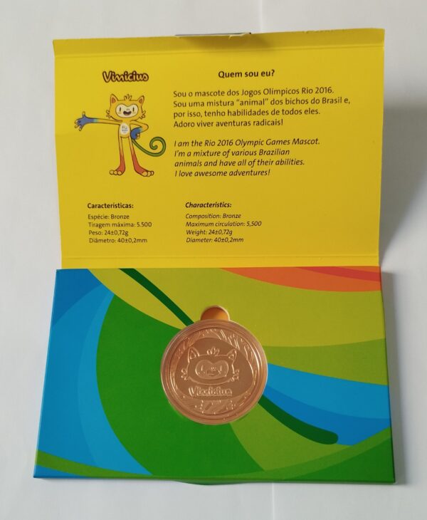 JOGOS OLIMPICOS RIO 2016 MEDALHA DO MASCOTE VINICIUS EM BRONZE EM CASULO E ESTOJO ORIGINAL DA CASA DA MOEDA - Image 4