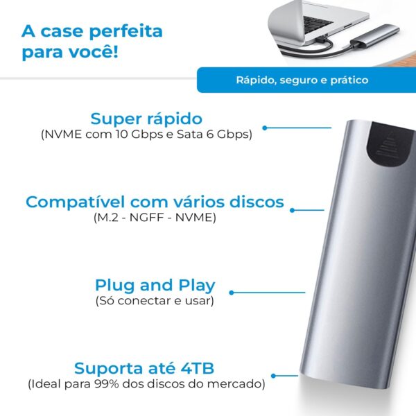 Case Ssd Externo M2 Nvme Sata Tipo C Usb 3.1 M E B+m 10gbps Cor Cinza - Image 4
