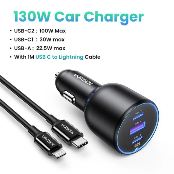 Carregador Veicular Ugreen 130w Compatível 100w 65w 45w 30w 20w - Image 3