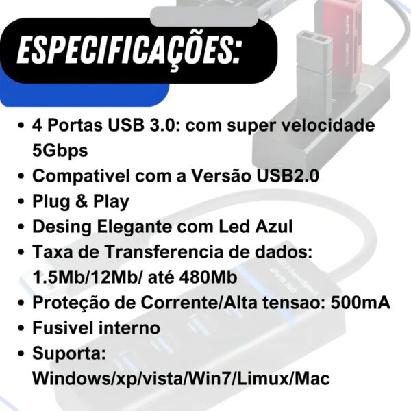 Hub Expansor 4 Portas Usb 3.0 Super Rápido 5 Gbps Hd Externo Cabo 28CM - Image 6