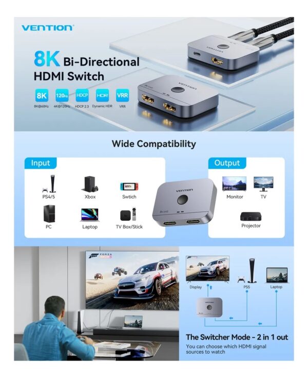 Vention Switch Hdmi Bidirecional 8k Para Ps5 Xbox Monitor Tv - Image 8