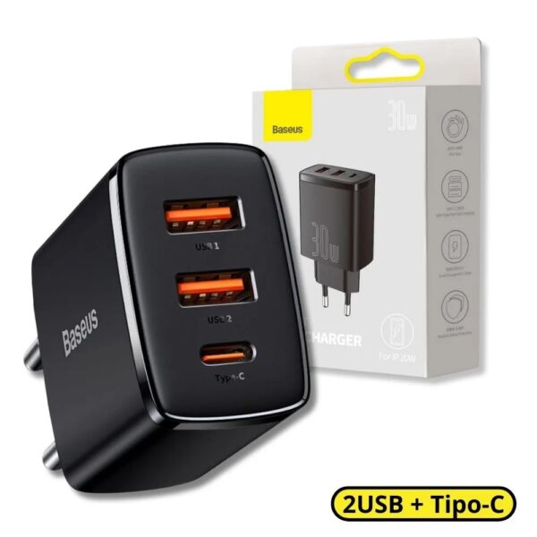 Baseus Carregador De Parede Compact Quick Charger 2USB+C 30W - Image 3