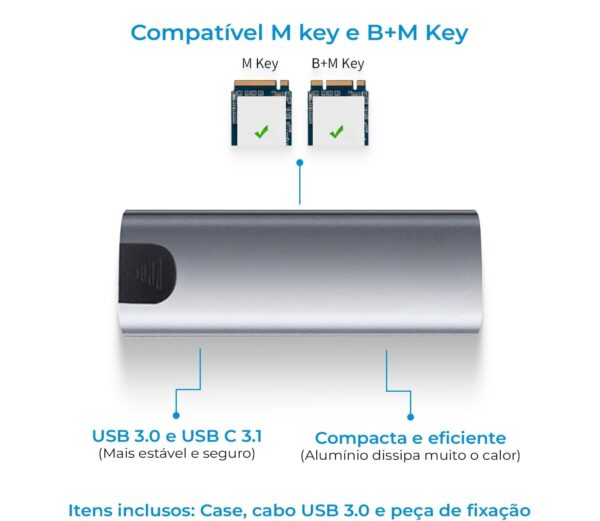 Case Ssd Externo M2 Nvme Sata Tipo C Usb 3.1 M E B+m 10gbps Cor Cinza - Image 2
