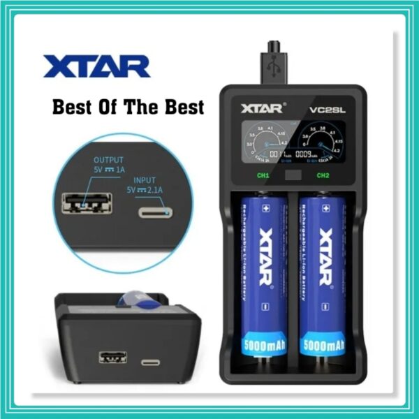 Carregador XTAR Porta USB tipo C.  XTAR VC2SL Li-Íon 18650-26650-AA-AAA- E ETC.