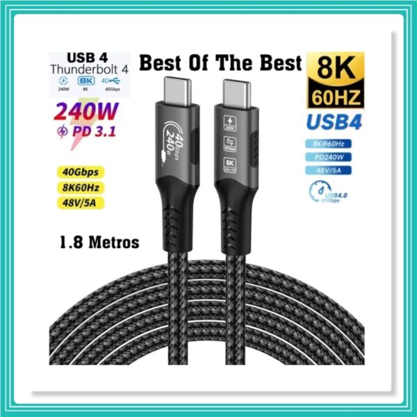 Cabo Thunderbolt 4 40gbps 8k 60hz Usb 4.0 Usb-c Pd 240w 1.8m