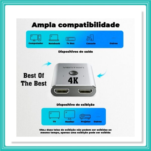 Switch Splitter Adaptador Hdmi 2x1 4k Tv Monitor Pc Vention