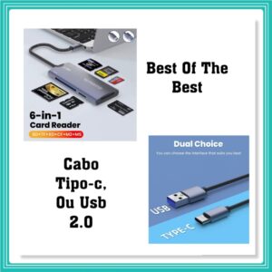 Leitor Cartão De Memória USB Tipo C, TF, SD, MS, M2, XD, CF,  Suporta MS Card, 6 em 1
