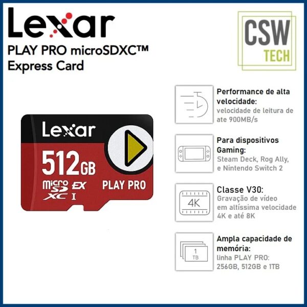 Lexar Cartão 512GB Play PRO MicroSD Express, UHS-I, Até 900/600 MB/s, Cartão De Memória, Compatível Com Nintendo-Switch 2 - Image 3