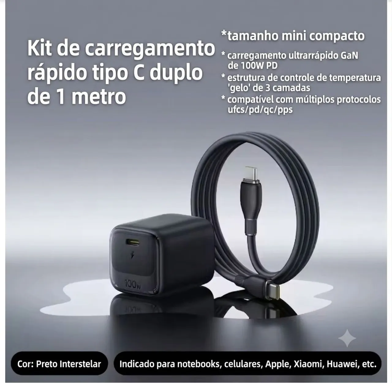 Carregador Baseus 100W Gan6 Ultra Mini E Ultra Rápido Com Cabo 1M. Somente 220V - Imagem 3