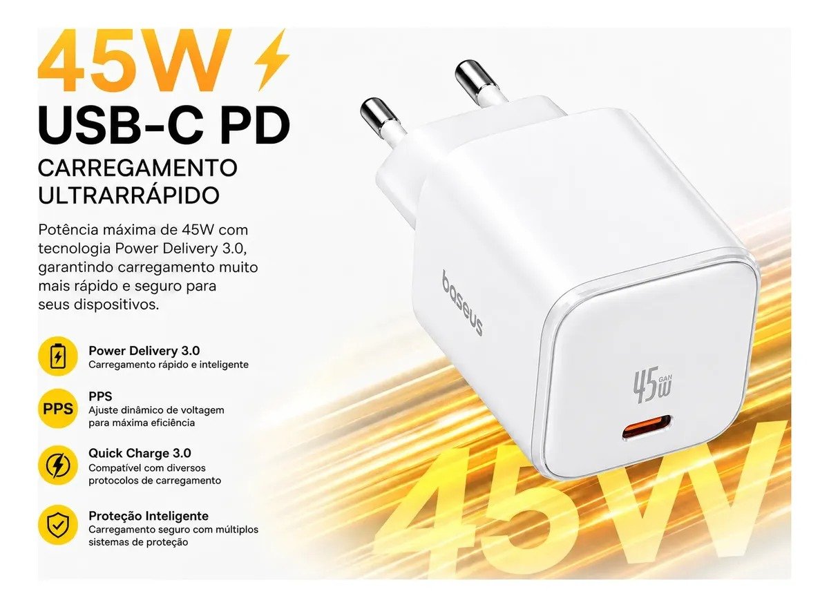 Carregador Baseus 45w Gan Usb-c Preto Ou Branco - Sem Cabo - Imagem 7